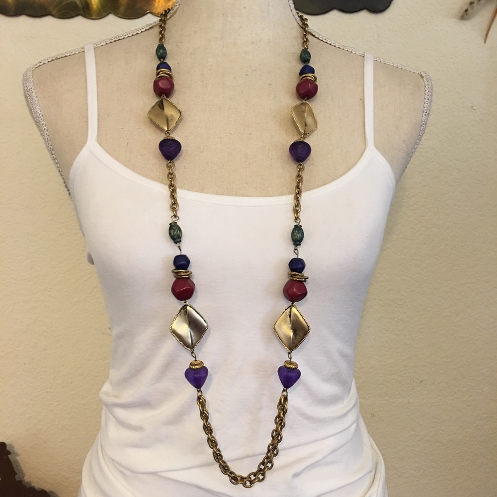 Long gold tone chain link acrylic bead necklace